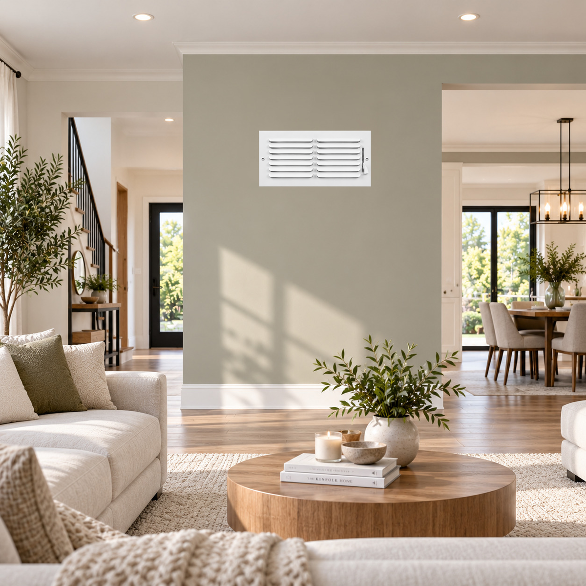 12x6 white steel one-way air register grille installed on an interior wall in a bright modern home
