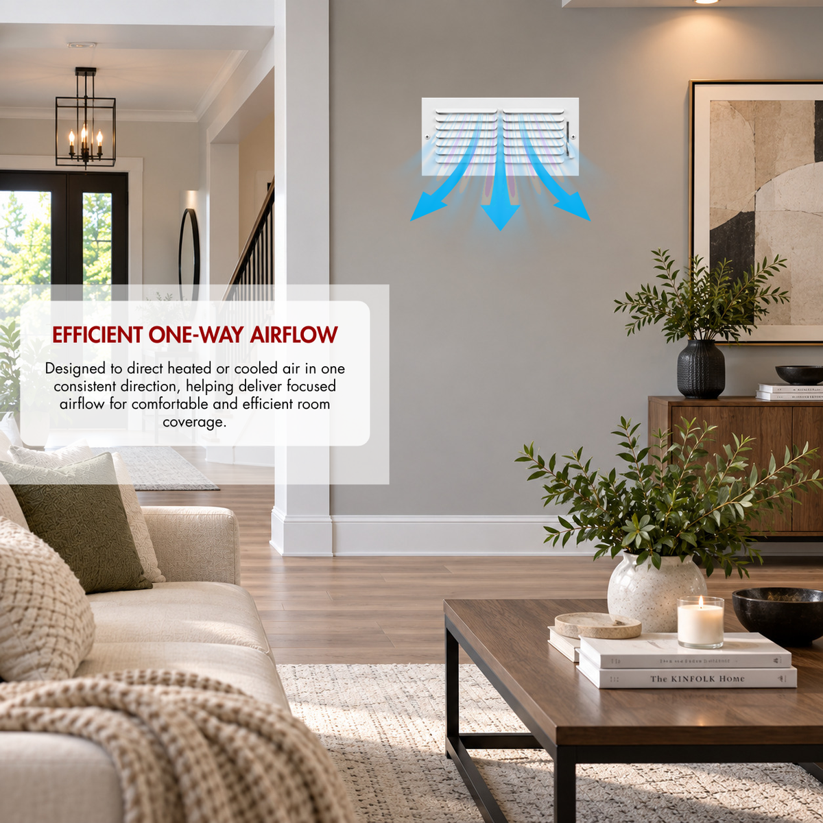 12x6 one-way air register grille installed on wall showing directional airflow in a modern living room
