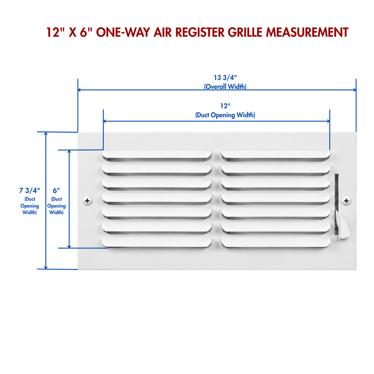 One-way air register grille measurement guide showing duct opening and overall faceplate dimensions
