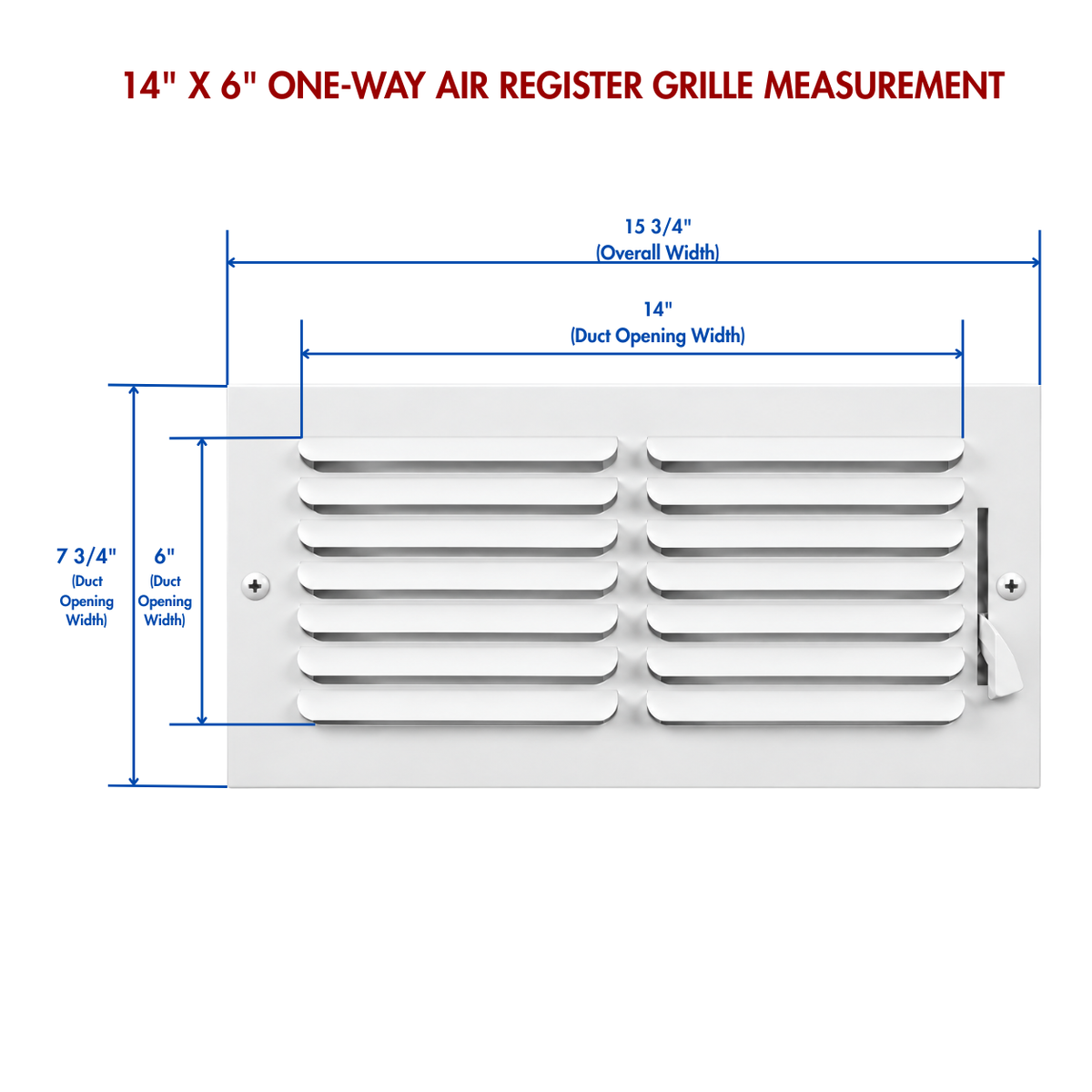 One-way air register grille measurement guide showing duct opening and overall faceplate dimensions

