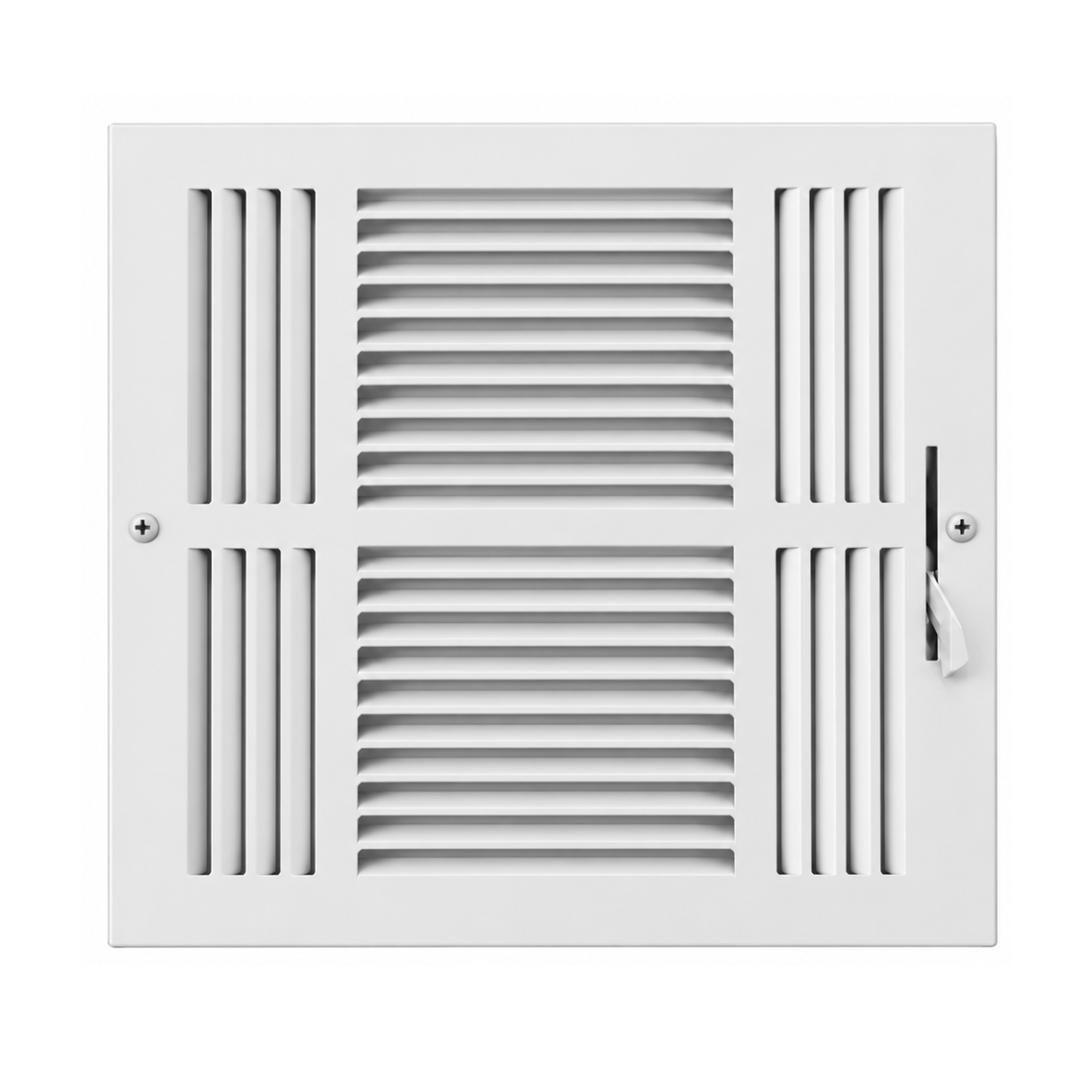 12 x 12 Three-Way Air Register Grille in white steel with adjustable damper for sidewall and ceiling HVAC installation
