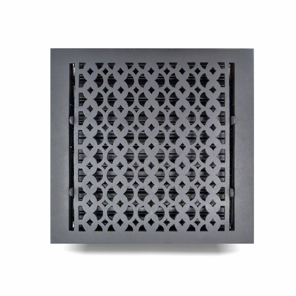 Floor Vent Cover / Register Size: 12” x 12” VR100 with Damper top faceplate outer size 11″ x 15-1/2″, thickness 5 mm, decorative handcrafted high-quality metal – cast aluminum powder coated Re-paintable for floors, walls, and ceilings