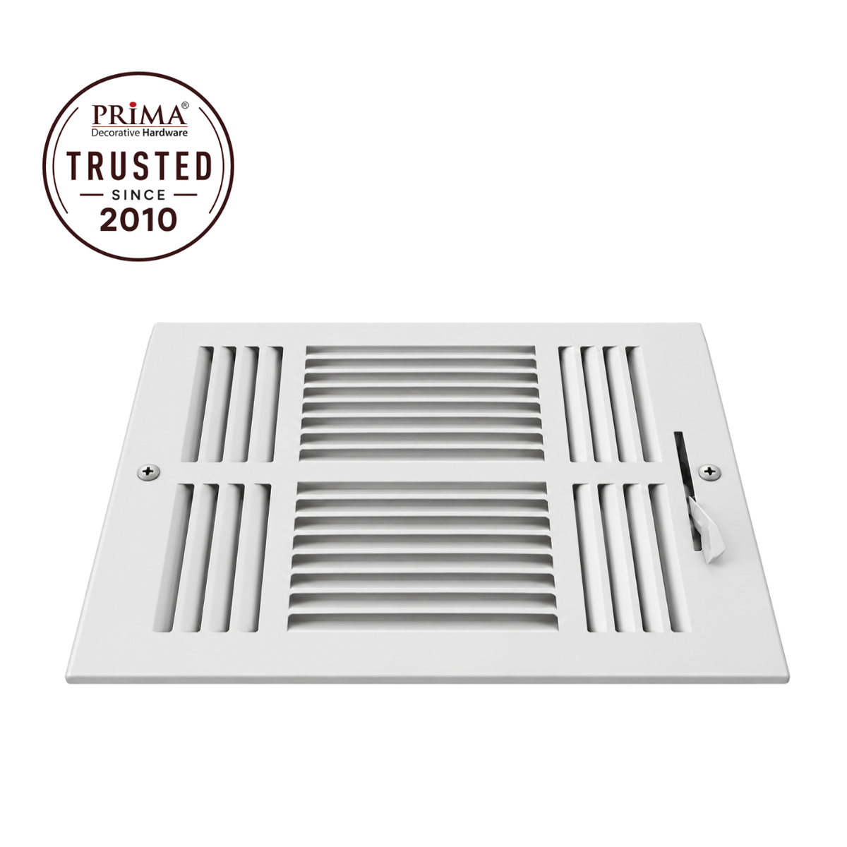 12 x 12 Three-Way Air Register Grille in white steel with adjustable damper and Prima Trusted Since 2010 badge
