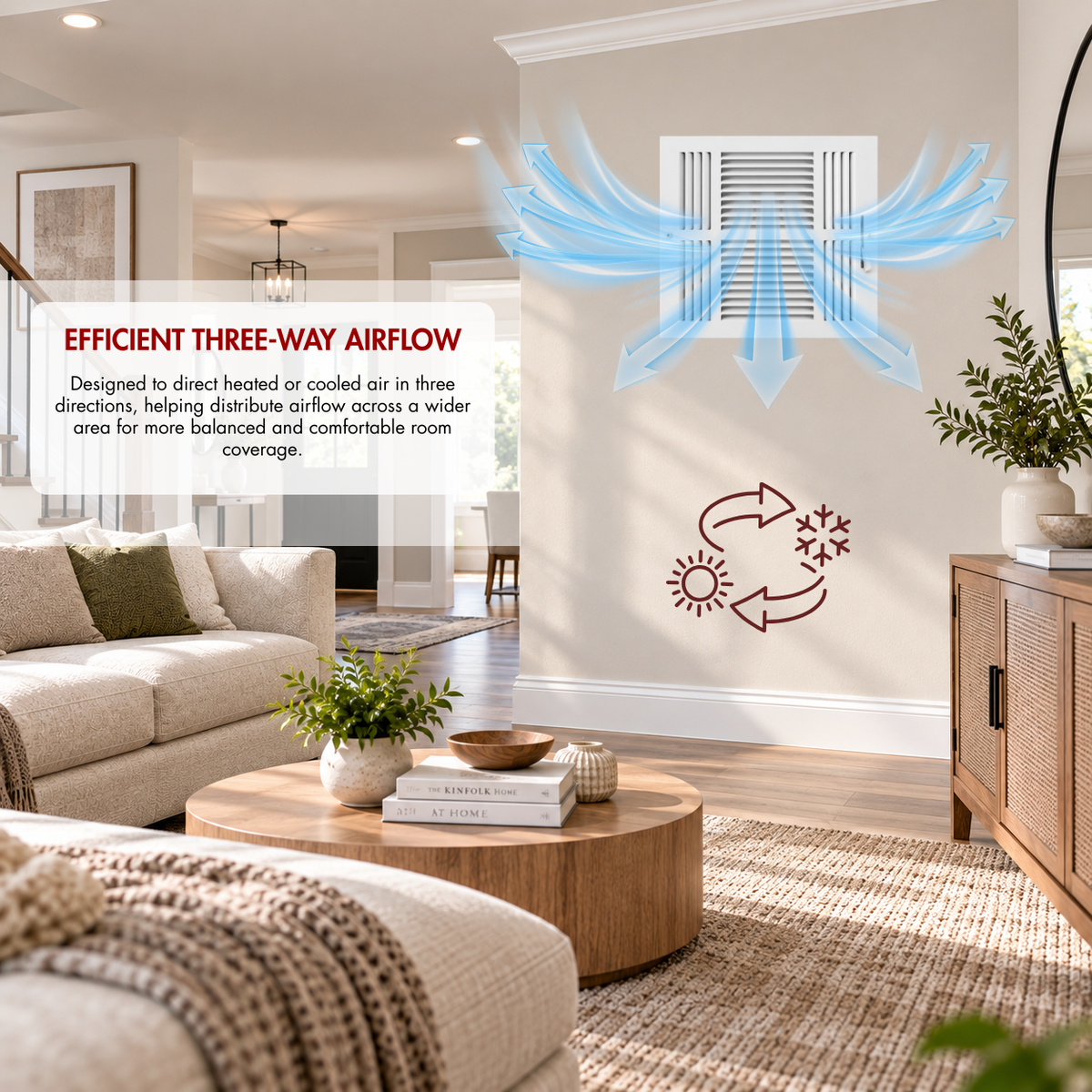 12 x 12 Three-Way Air Register Grille showing three-way airflow for heating and cooling in a living room wall installation
