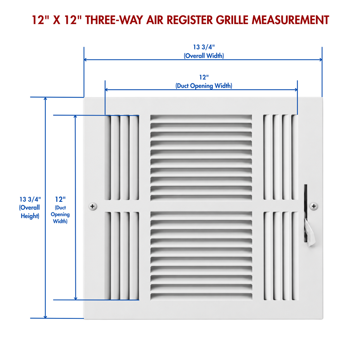 Three-Way Air Register Grille measurement guide showing duct opening and overall dimensions for white steel HVAC vent cover
