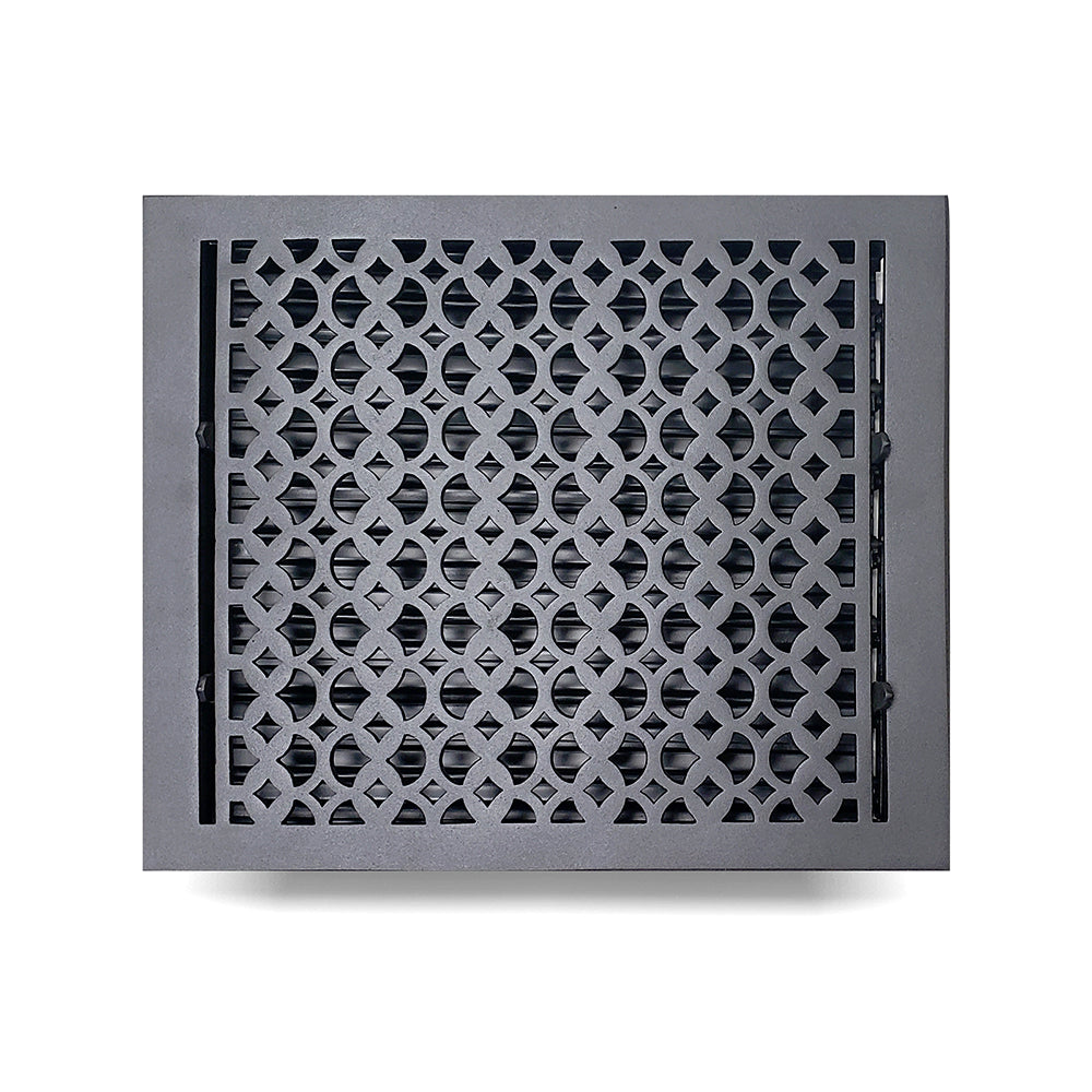 Floor Vent Cover / Register Size: 12” x 14” VR100 with Damper top faceplate outer size 13-1/4″ x 15-3/4″, thickness 5 mm, decorative handcrafted high-quality metal – cast aluminum powder coated Re-paintable for floors, walls, and ceilings