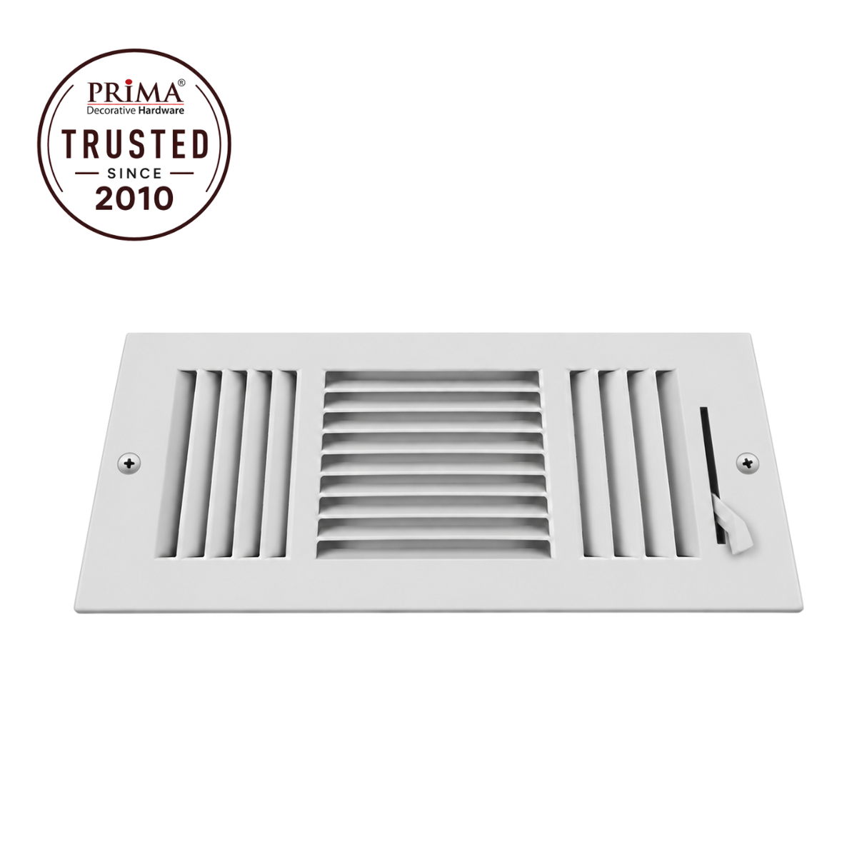12 X 4 Three-Way Air Register Grille in white steel with adjustable damper and Prima Trusted Since 2010 badge
