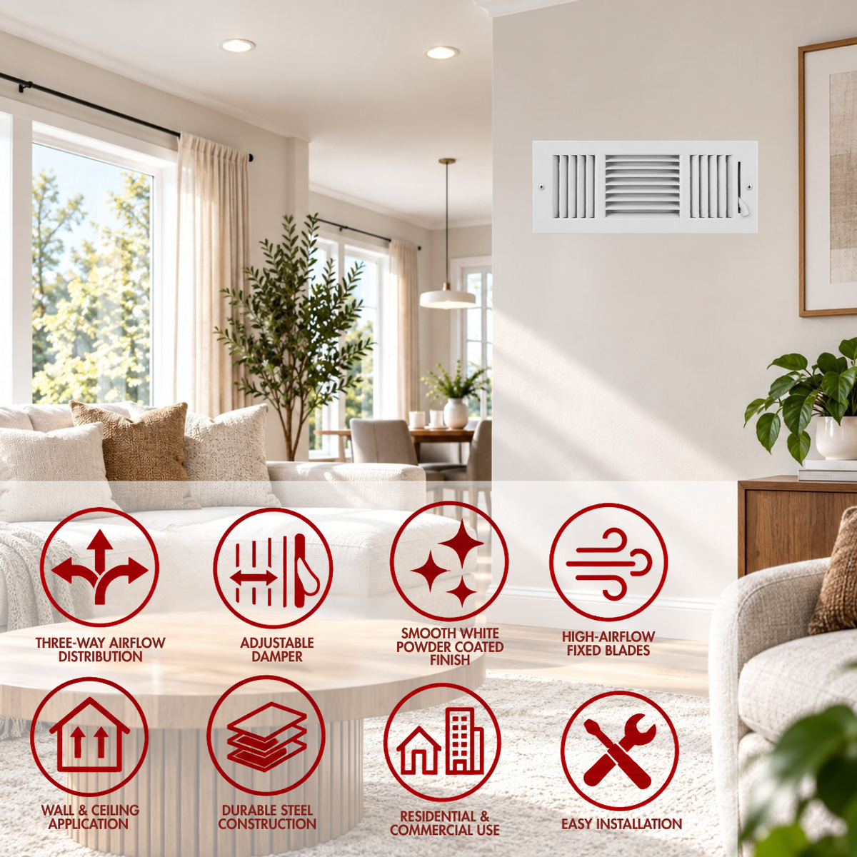 12 X 4  Three-Way Air Register Grille with icons showing airflow, adjustable damper and wall or ceiling use
