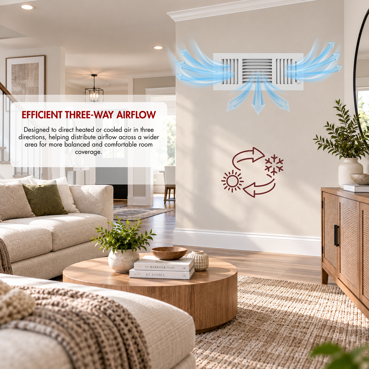 12 X 4 Three-Way Air Register Grille showing three-way airflow for heating and cooling in a living room wall installation
