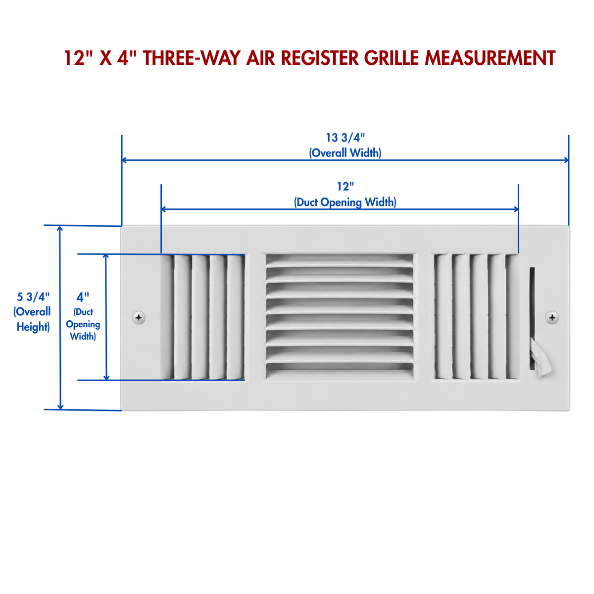 Three-Way Air Register Grille measurement guide showing duct opening and overall dimensions for white steel HVAC vent cover
