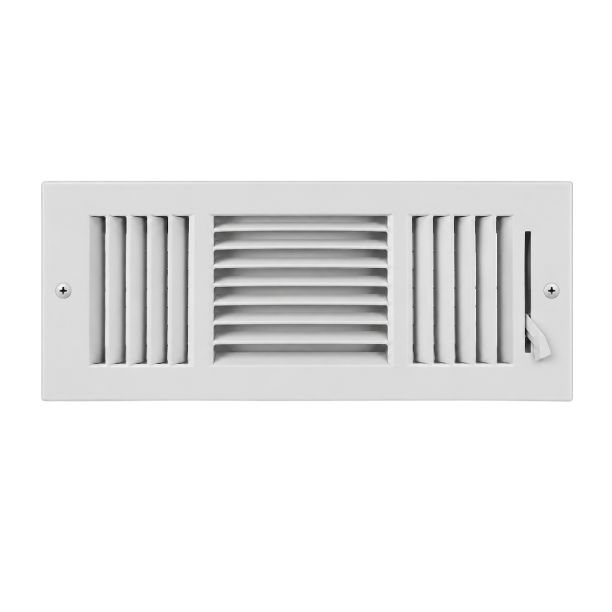 12 x 4 Three-Way Air Register Grille in white steel with adjustable damper for sidewall and ceiling HVAC installation
