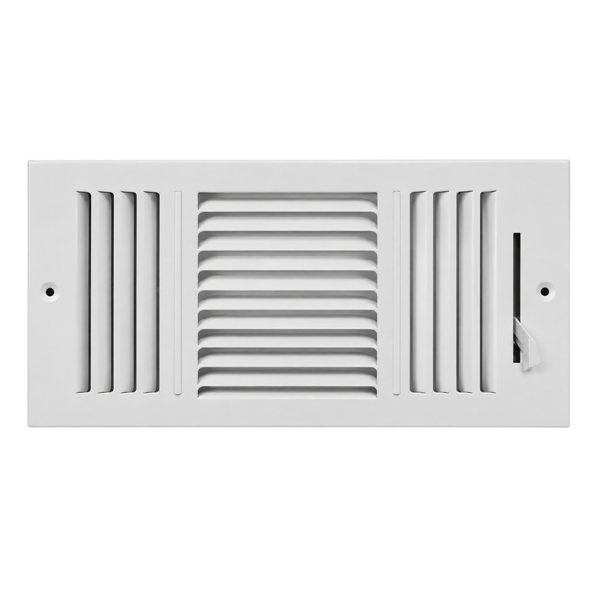 12 x 6 Three-Way Air Register Grille in white steel with adjustable damper for sidewall and ceiling HVAC installation
