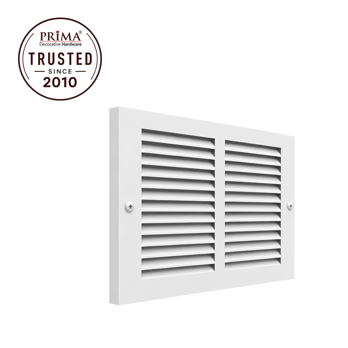 14 X 8 Angled view of white steel baseboard air return grille with mounting screws and Prima Trusted Since 2010 badge
