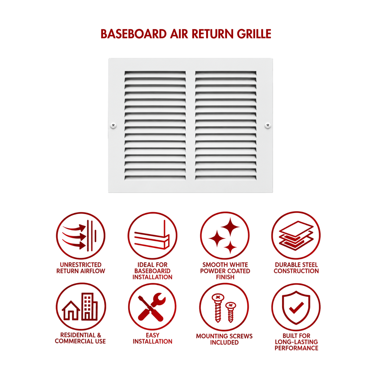 12 X 8 White baseboard air return grille with icons highlighting airflow, easy installation and durable finish

