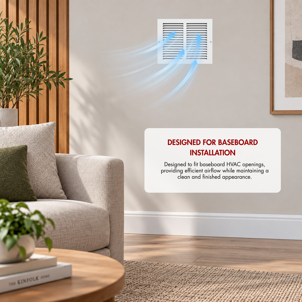 12 X 12 White baseboard air return grille installed on a living room wall with airflow illustration for HVAC ventilation
