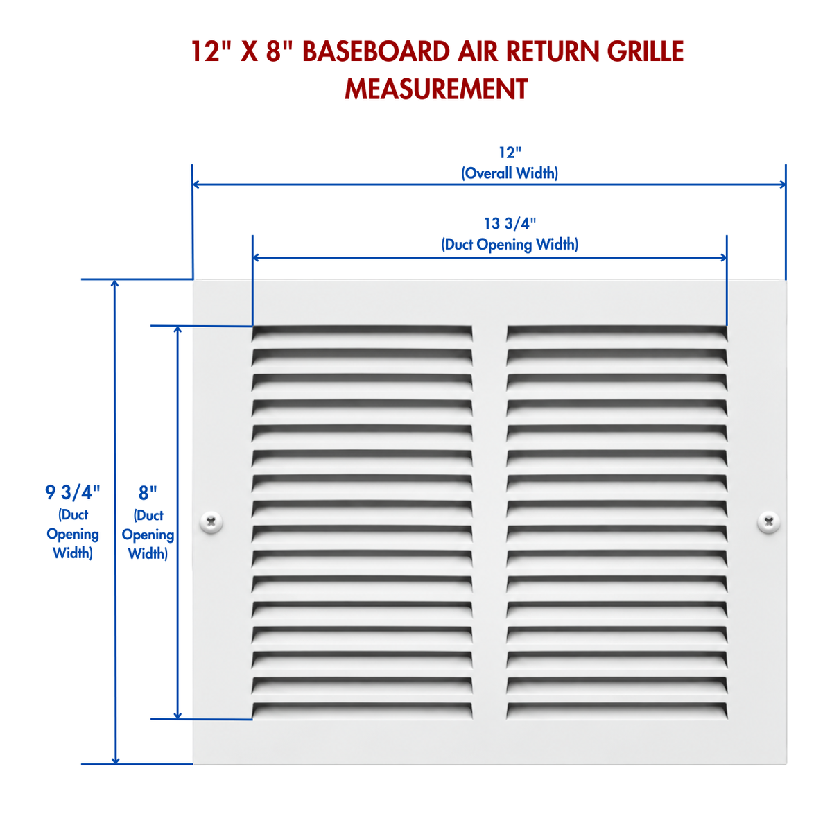 12 x 8 white baseboard air return grille measurement diagram showing overall size and duct opening dimensions
