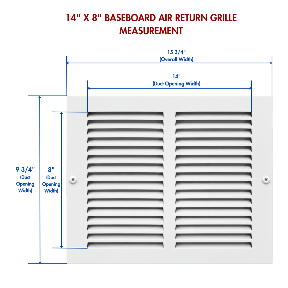 14 x 8 white baseboard air return grille measurement diagram showing overall size and duct opening dimensions
