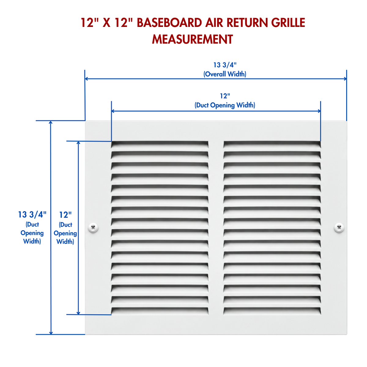 12 x 12 white baseboard air return grille measurement diagram showing overall size and duct opening dimensions
