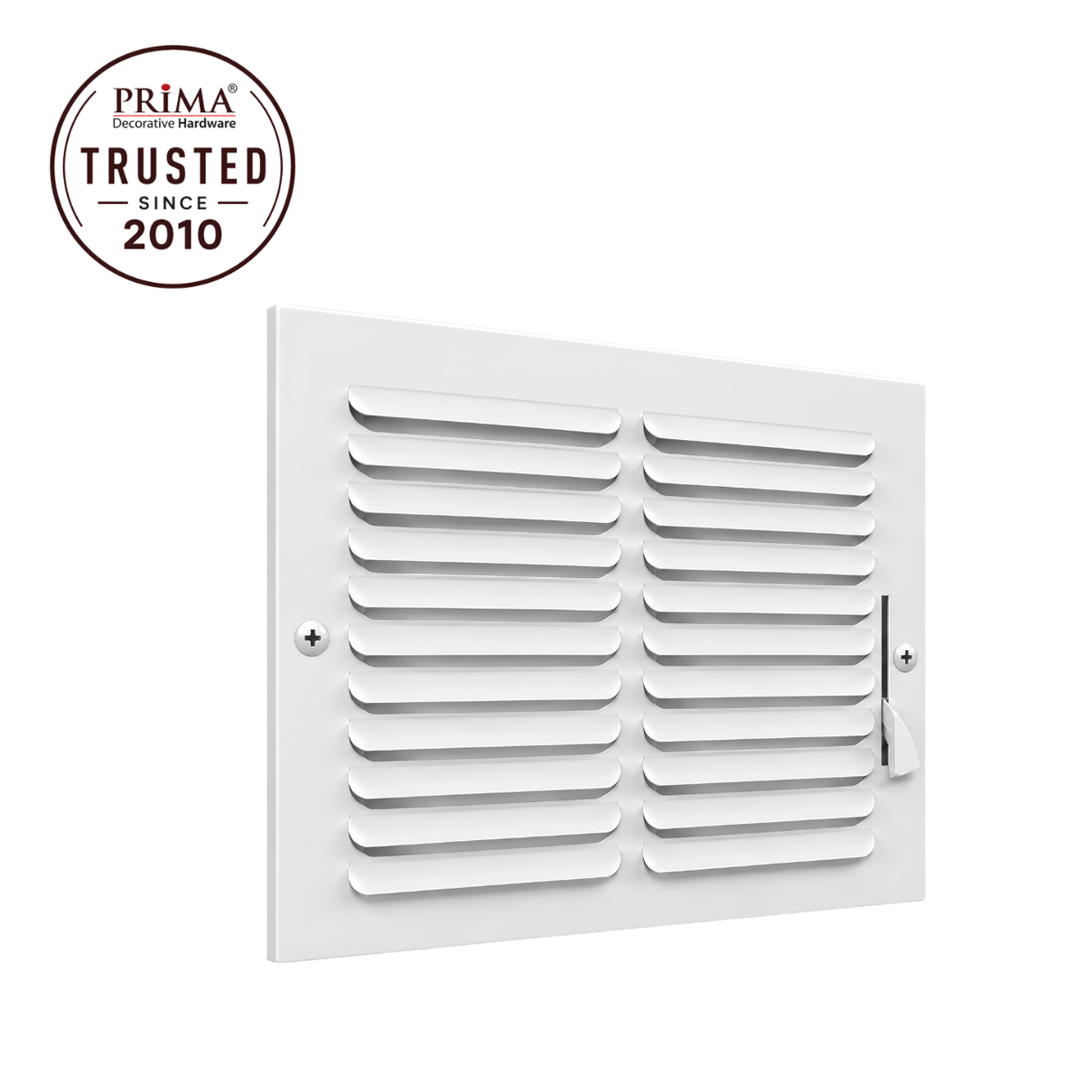 Angled view of 14x8 white steel one-way air register grille with adjustable damper and Trusted Since 2010 badge
