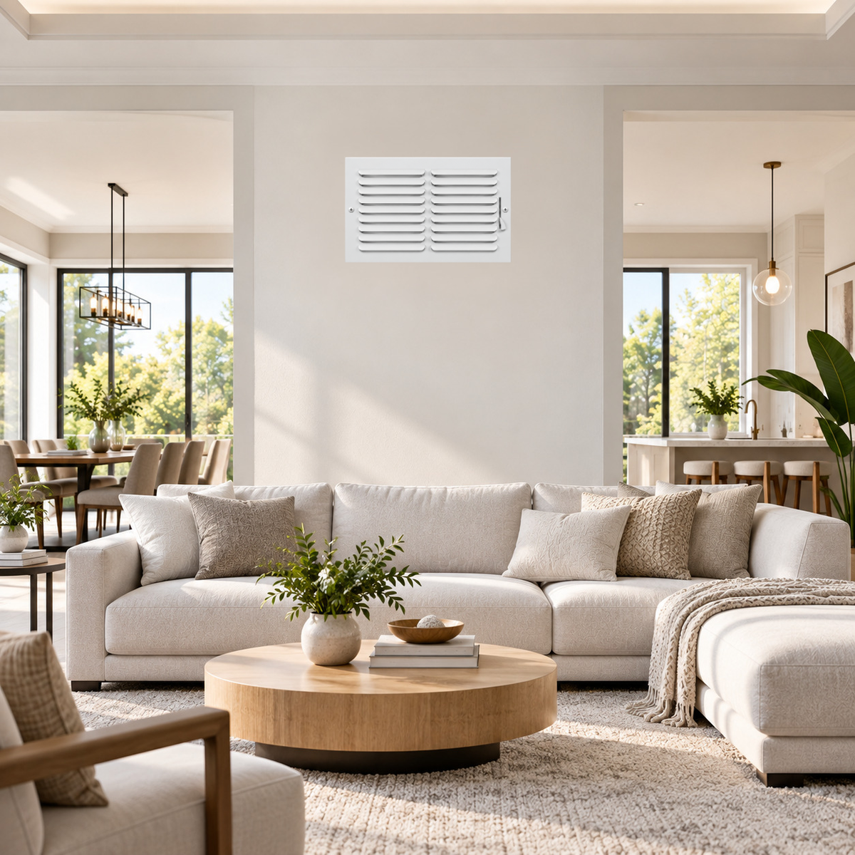 14x8 white steel one-way air register grille installed on a wall in a modern living room
