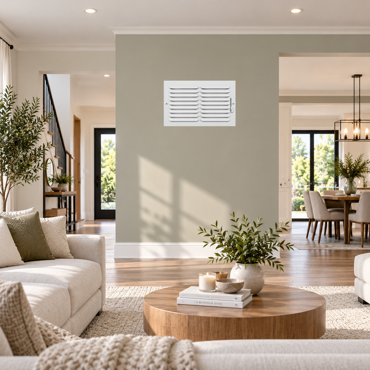 14x8 white steel one-way air register grille installed on an interior wall in a bright modern home
