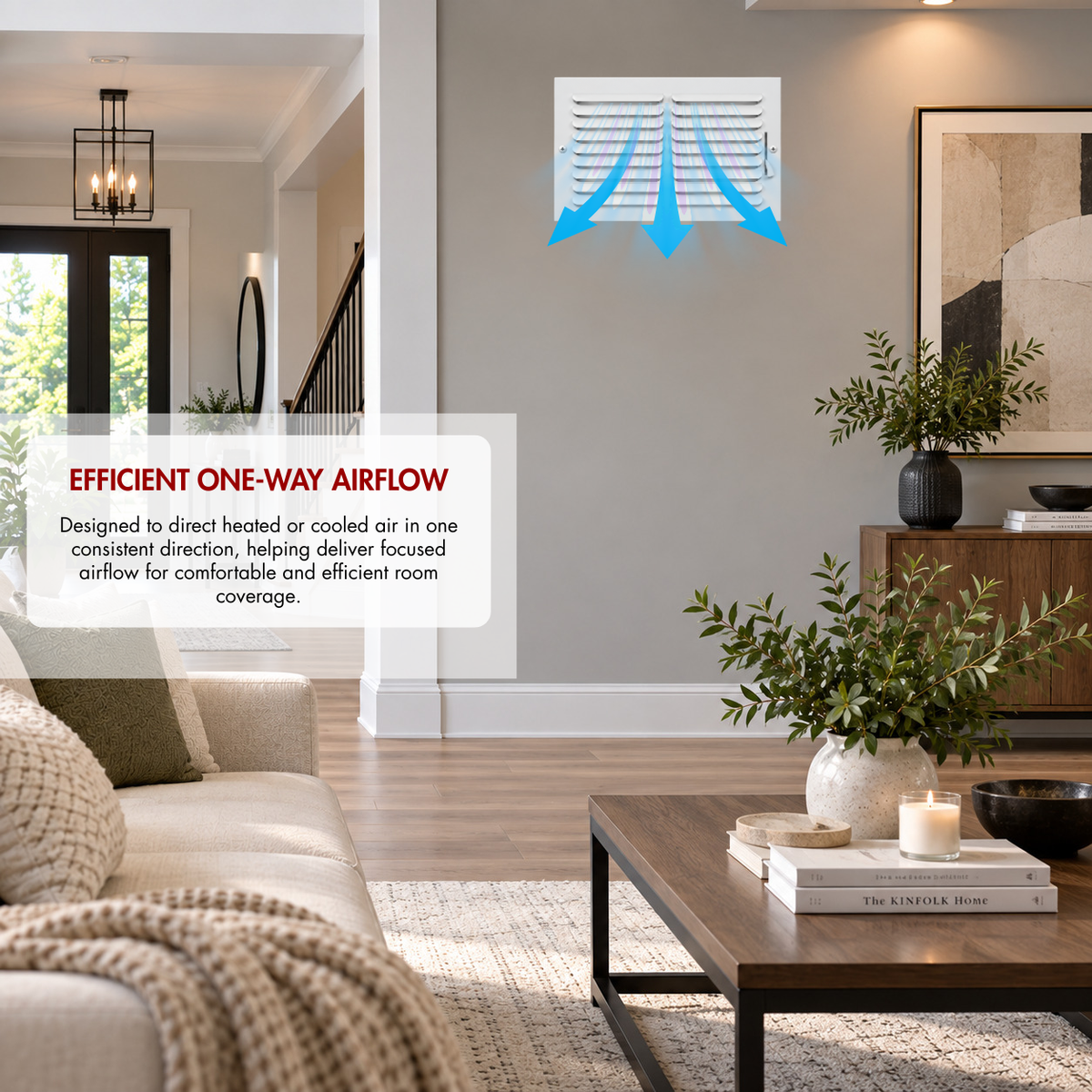 14x8 one-way air register grille installed on wall showing directional airflow in a modern living room

