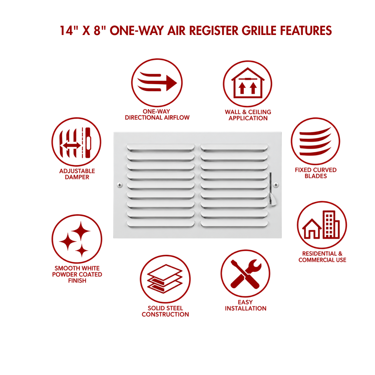 14x8 one-way air register grille feature icons for adjustable damper, curved blades and wall installation
