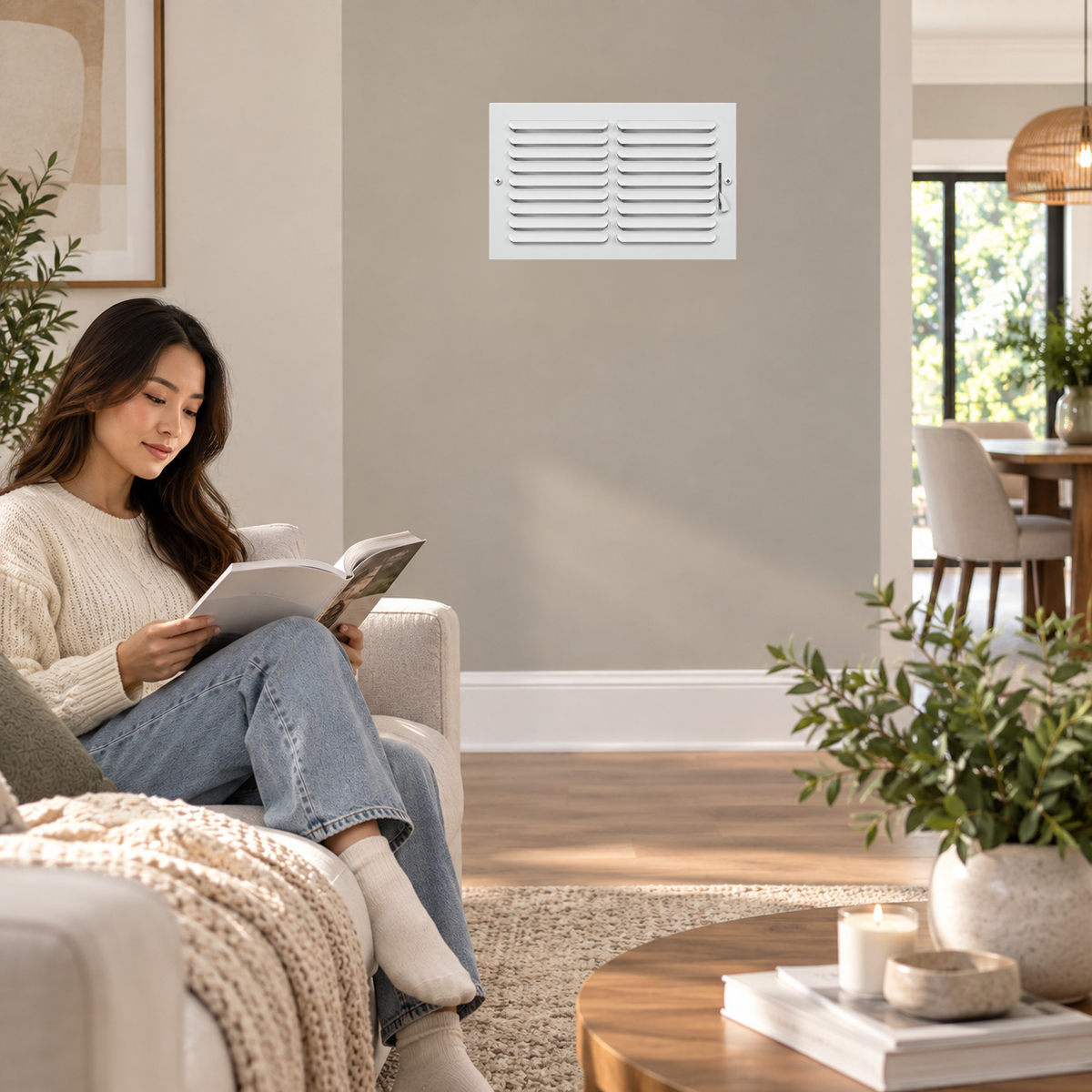 White one-way air register grille installed on a living room wall with a person relaxing nearby
