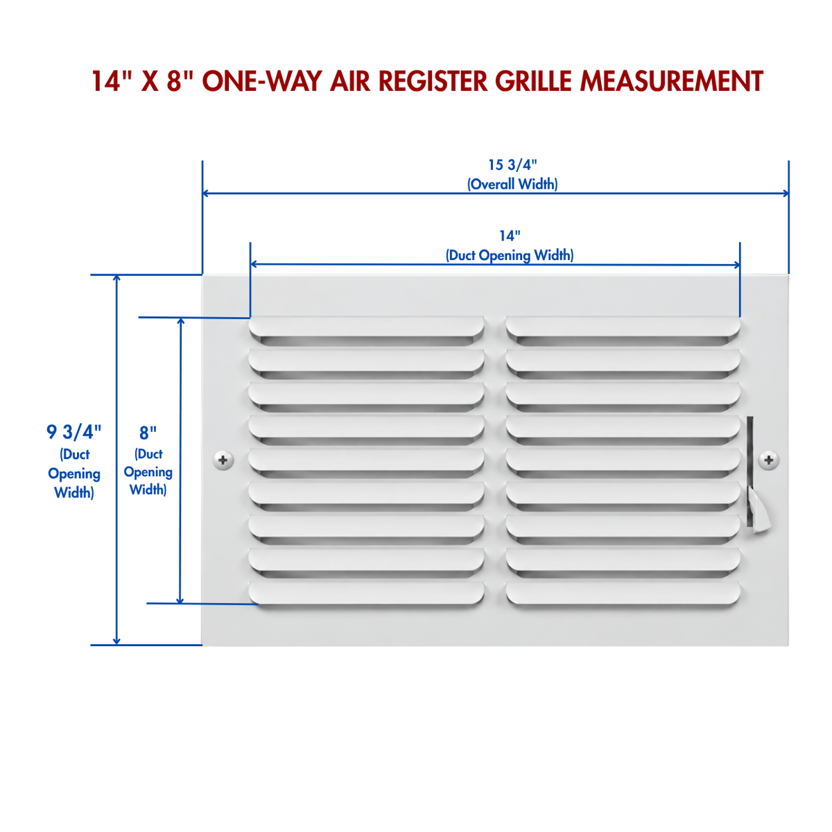One-way air register grille measurement guide showing duct opening and overall faceplate dimensions

