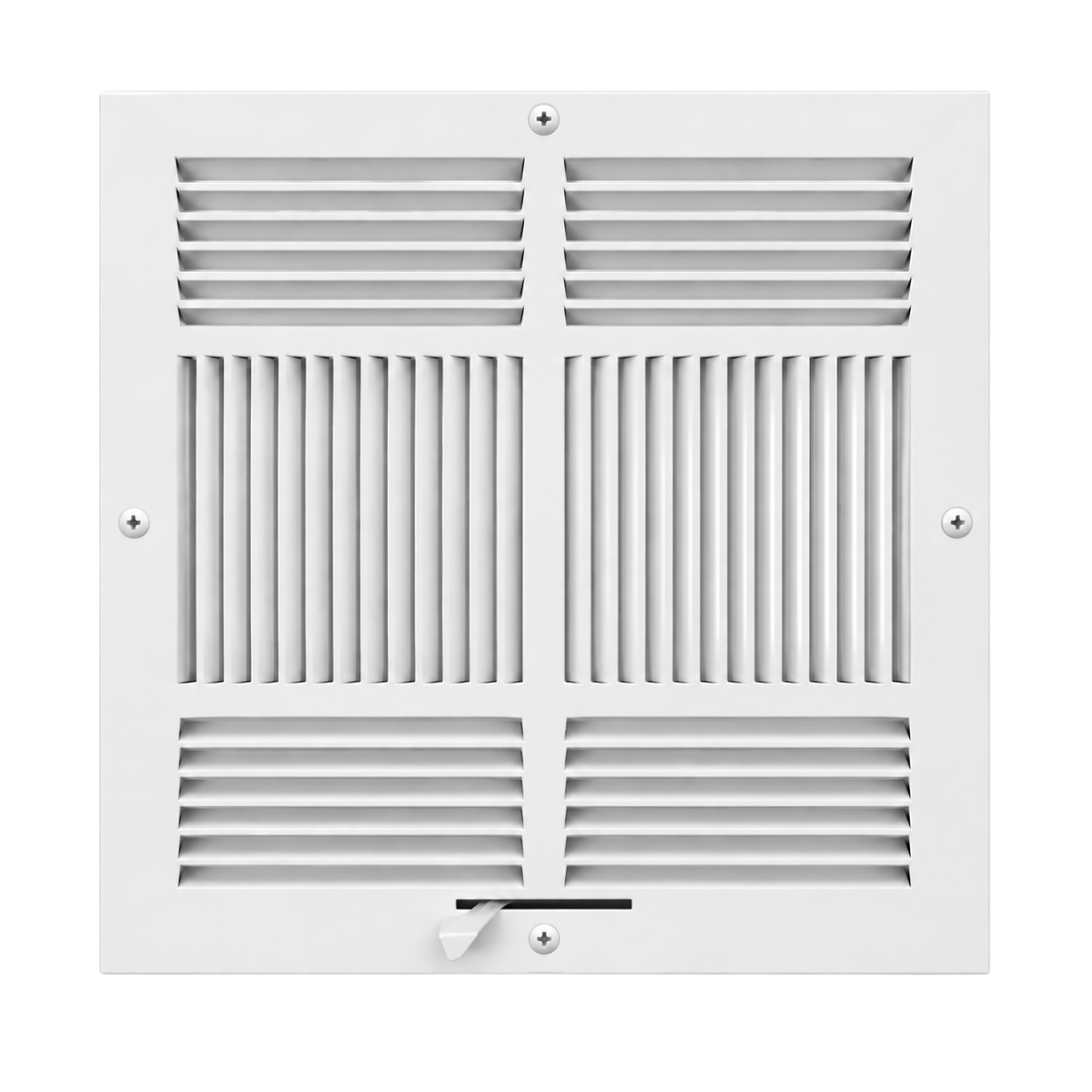 14 x 14 Three-Way Air Register Grille in white steel with adjustable damper for sidewall and ceiling HVAC installation
