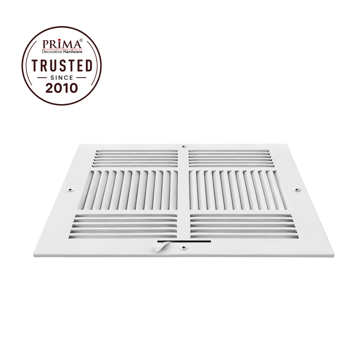 14 x 14 Three-Way Air Register Grille in white steel with adjustable damper and Prima Trusted Since 2010 badge
