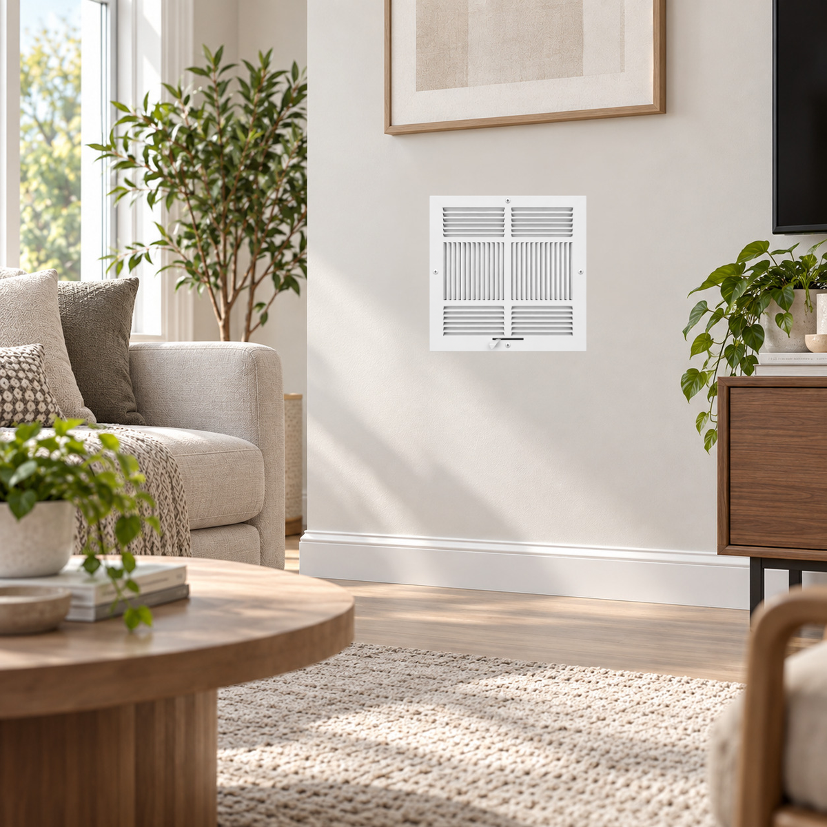14 x 14 Three-Way Air Register Grille installed on living room wall with white steel vent cover and adjustable damper
