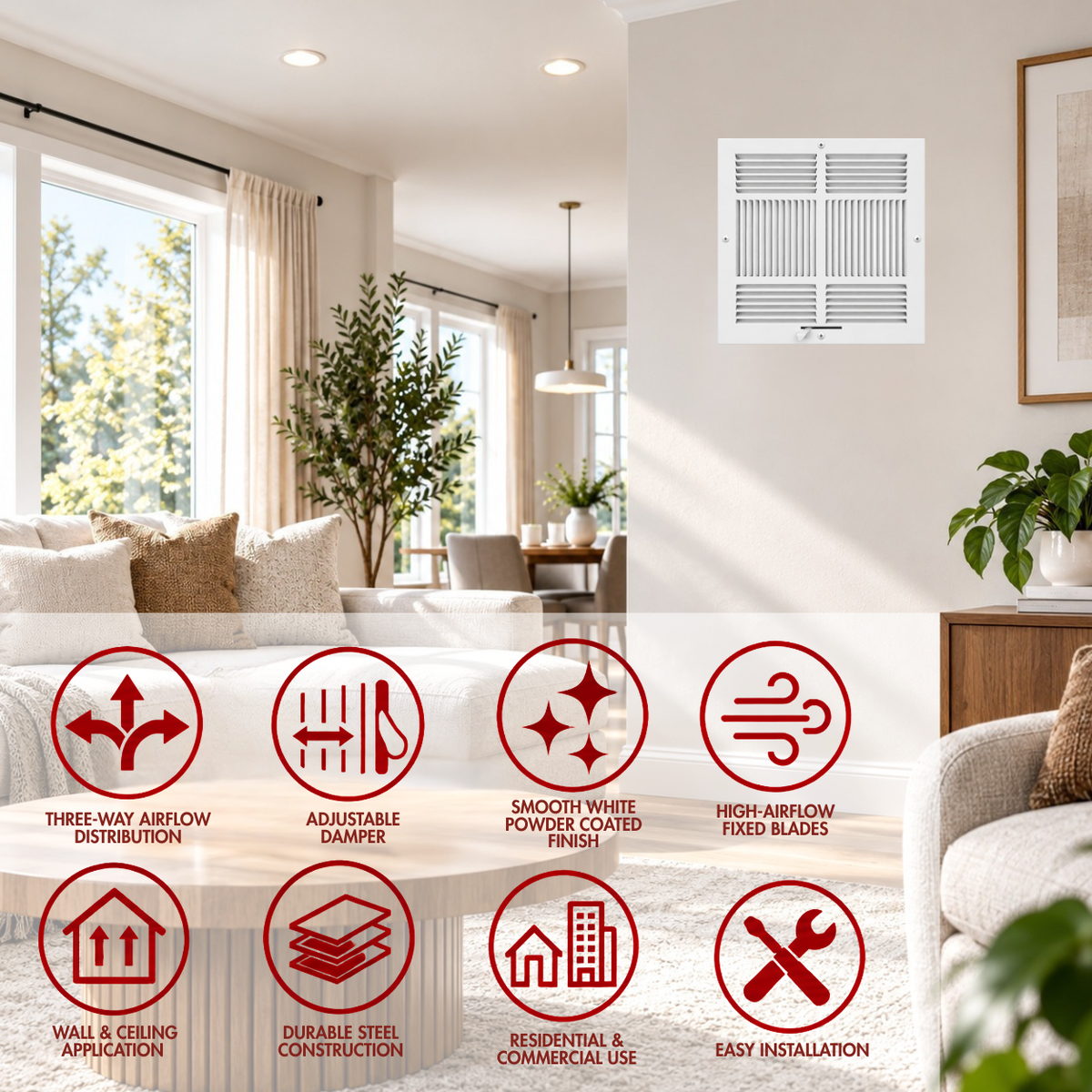 14 x 14 Three-Way Air Register Grille with icons showing airflow, adjustable damper and wall or ceiling use
