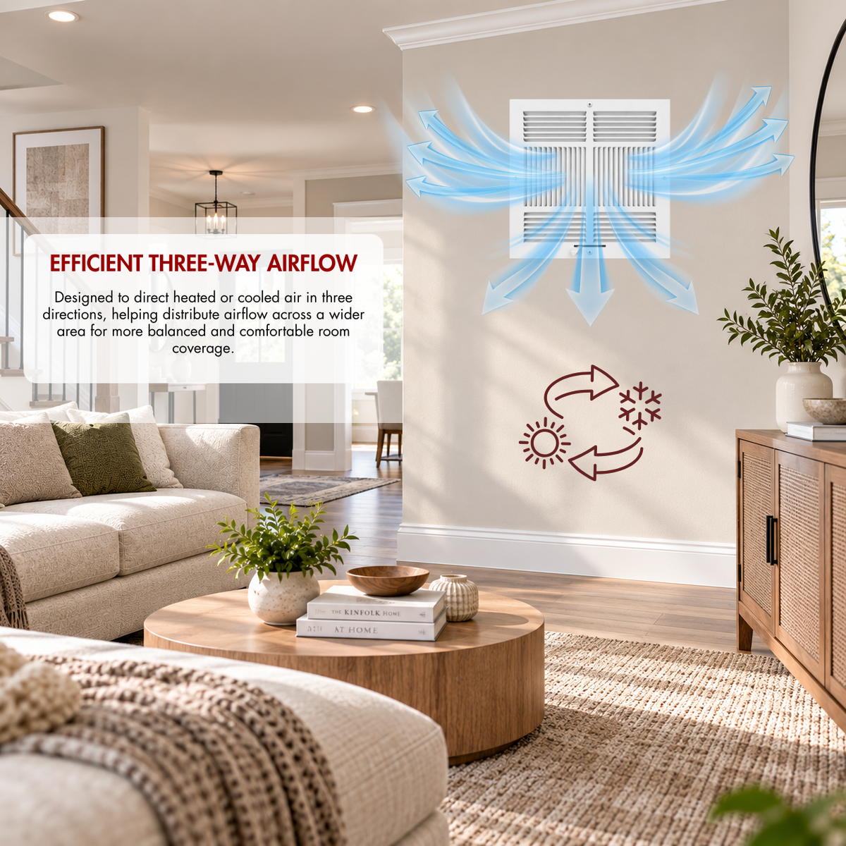 14 x 14 Three-Way Air Register Grille showing three-way airflow for heating and cooling in a living room wall installation
