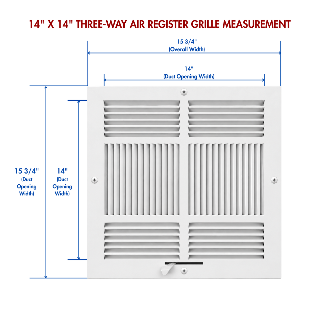 Three-Way Air Register Grille measurement guide showing duct opening and overall dimensions for white steel HVAC vent cover
