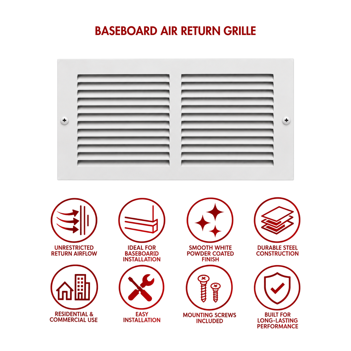14 X 6 White baseboard air return grille with icons highlighting airflow, easy installation and durable finish
