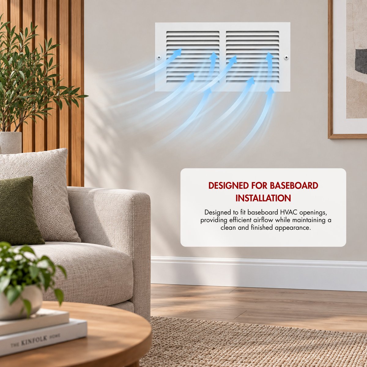 14 X 6 White baseboard air return grille installed on a living room wall with airflow illustration for HVAC ventilation
