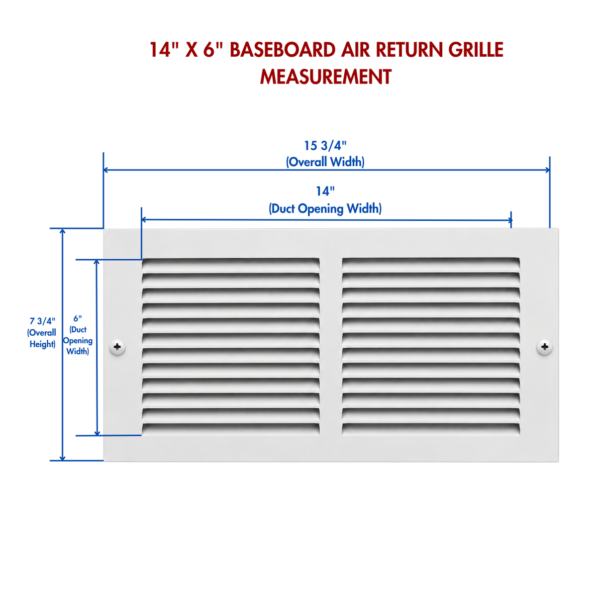 14 x 6 white baseboard air return grille measurement diagram showing overall size and duct opening dimensions
