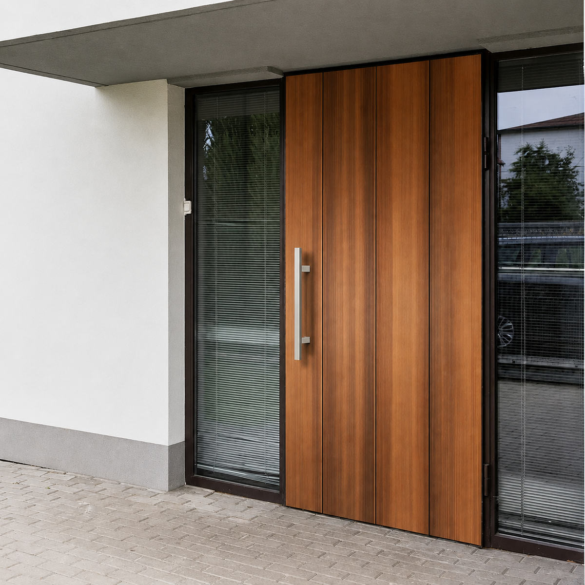 A satin square door handle installed in a brown door