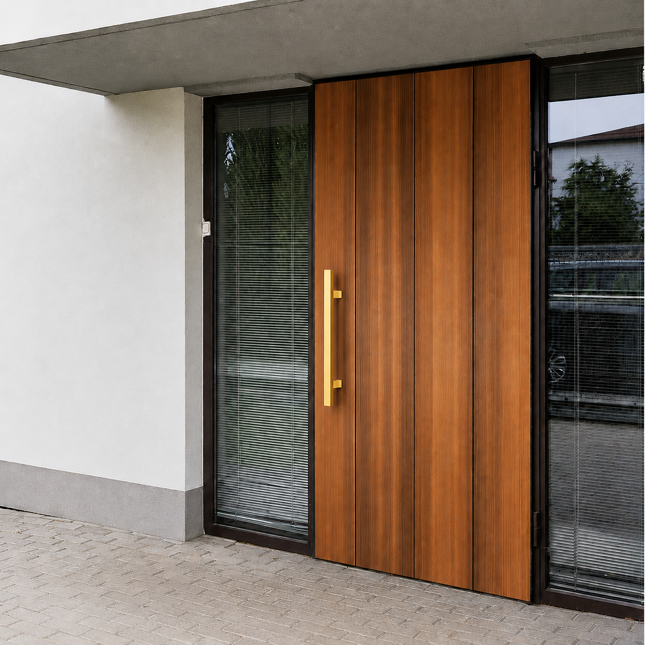 A gold square door handle installed in a brown door
