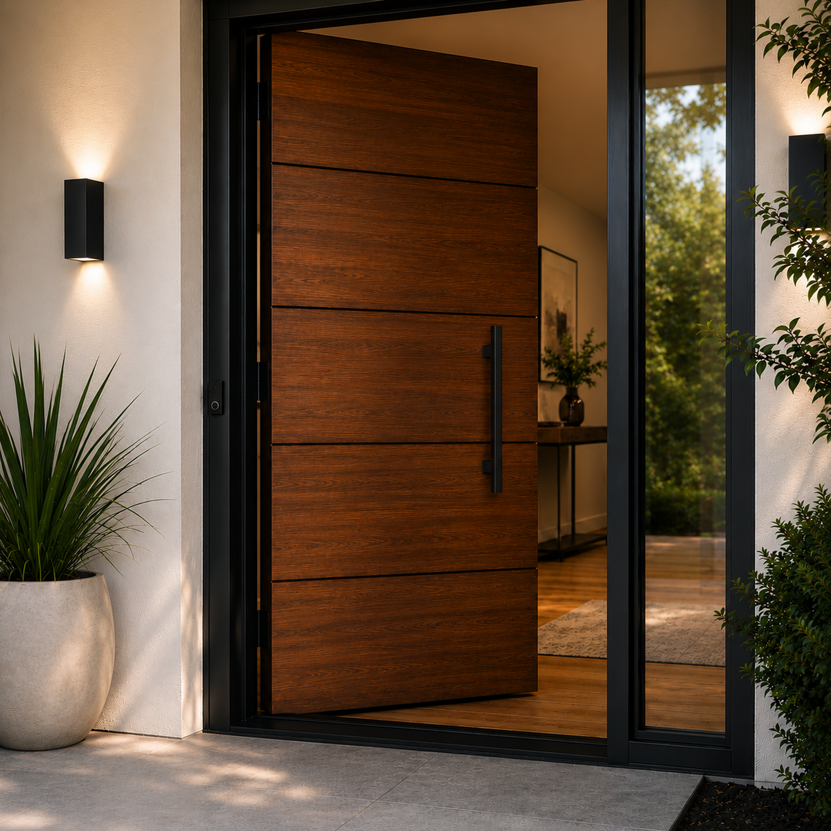 A black round door handle installed in a brown door
