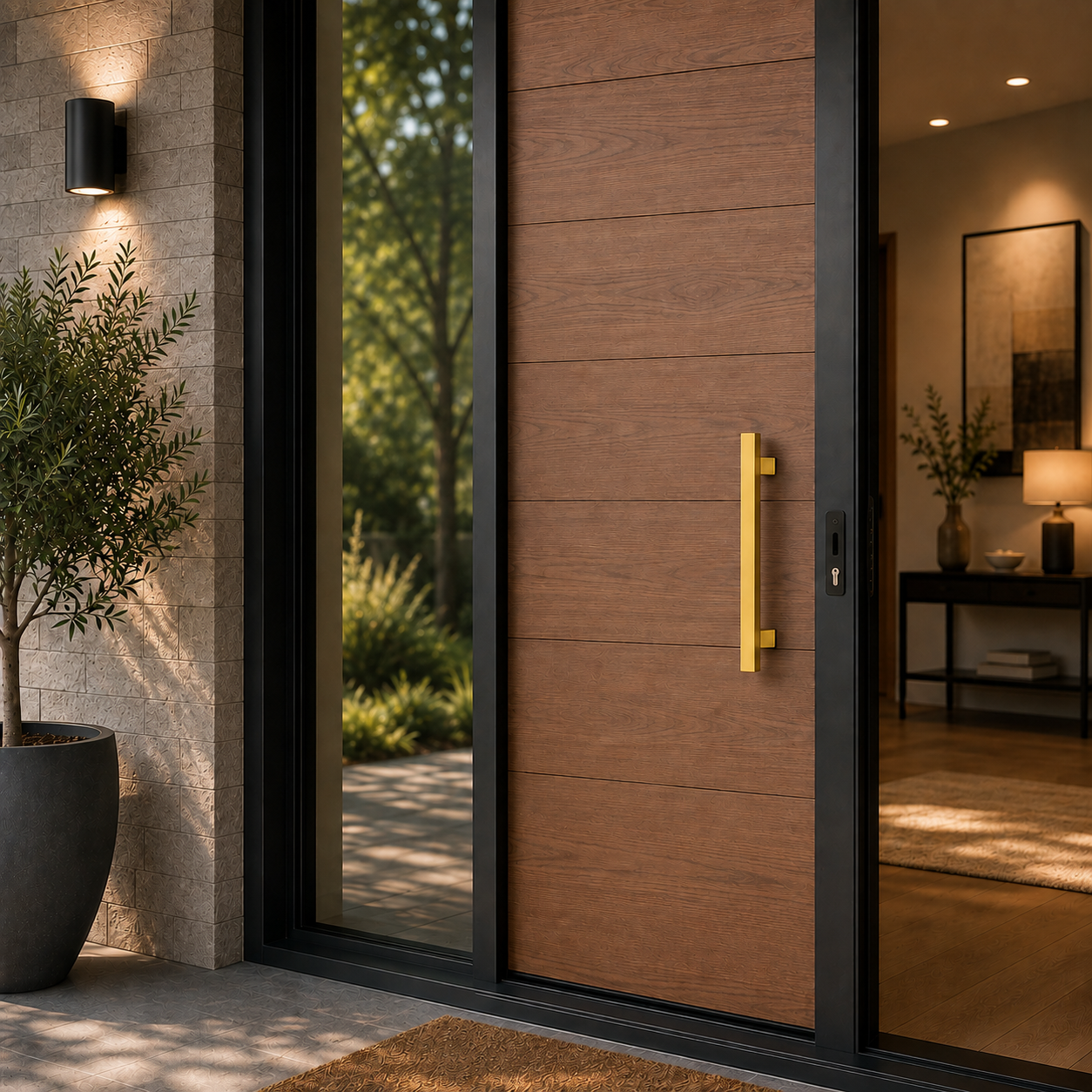 A gold rectangle door handle installed in a brown door
