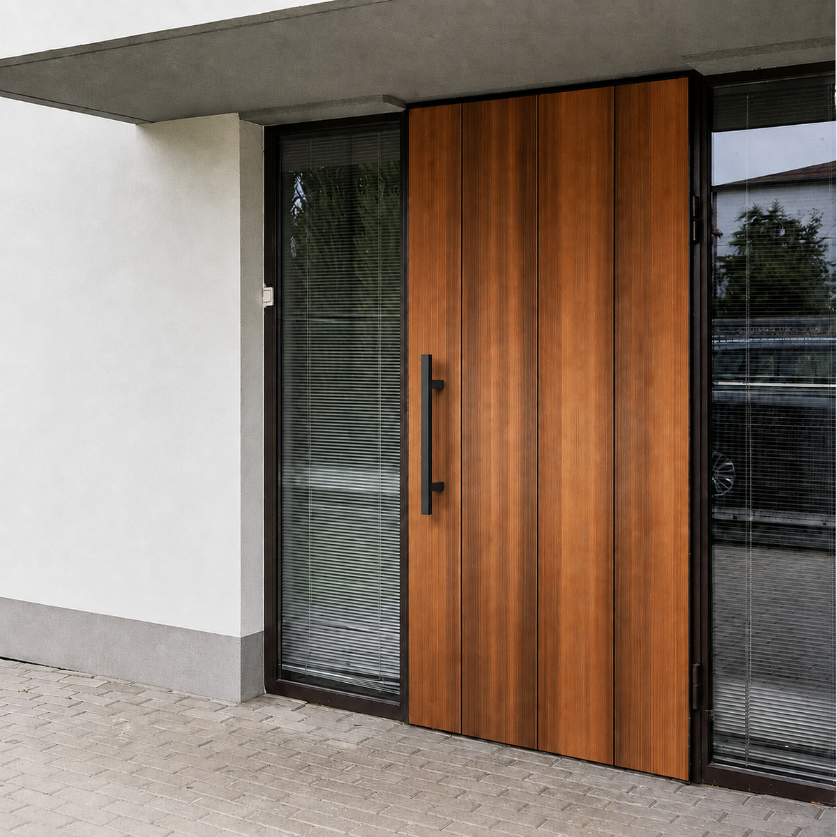 A close-up square door pull handle black finish 
