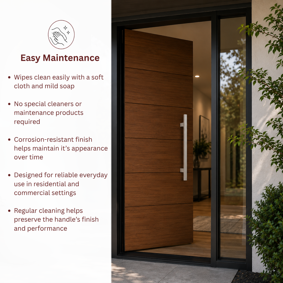 A modern gray exterior door with a slim vertical handle, shown in a real entryway setting with a glass side panel 