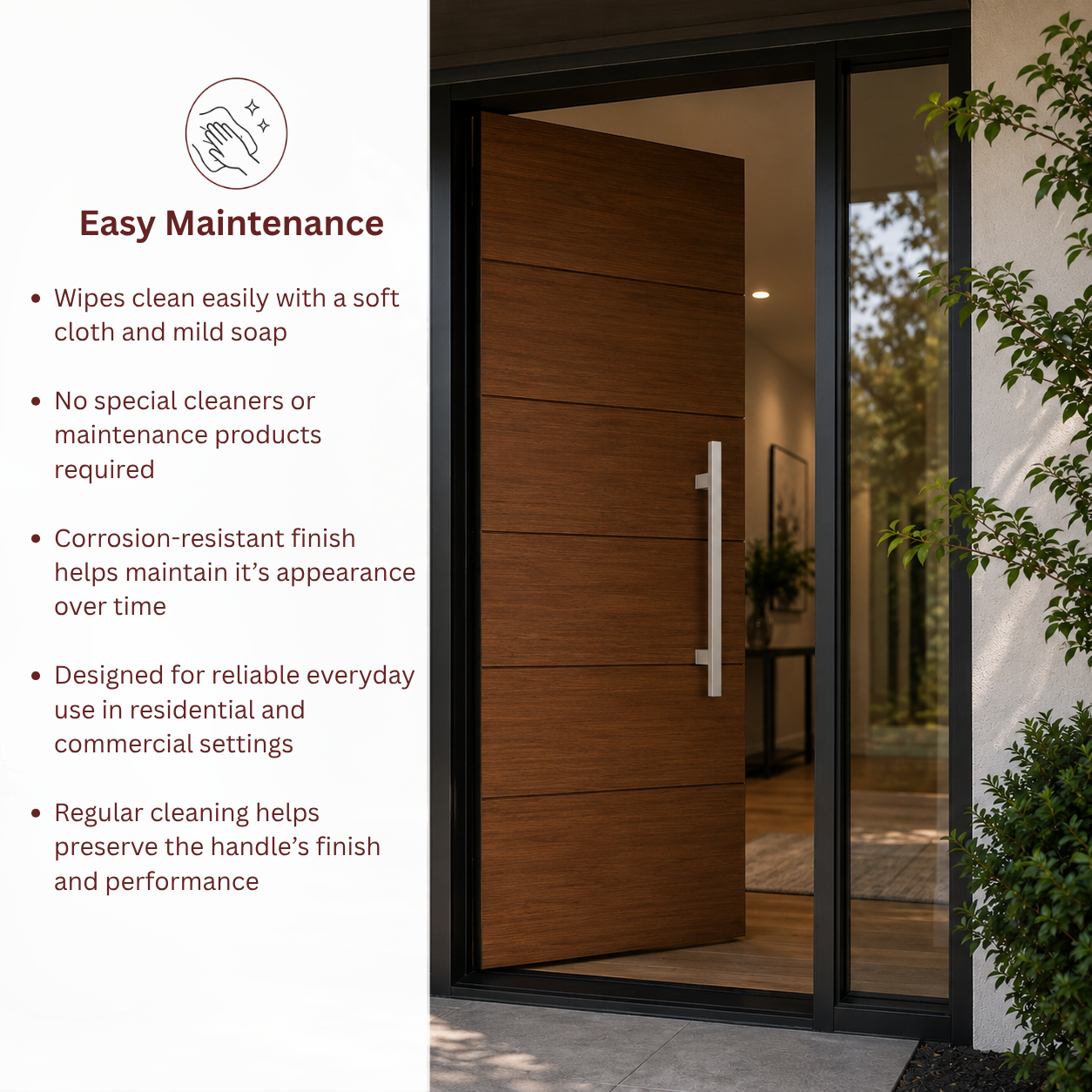 A modern gray exterior door with a slim vertical handle, shown in a real entryway setting with a glass side panel 