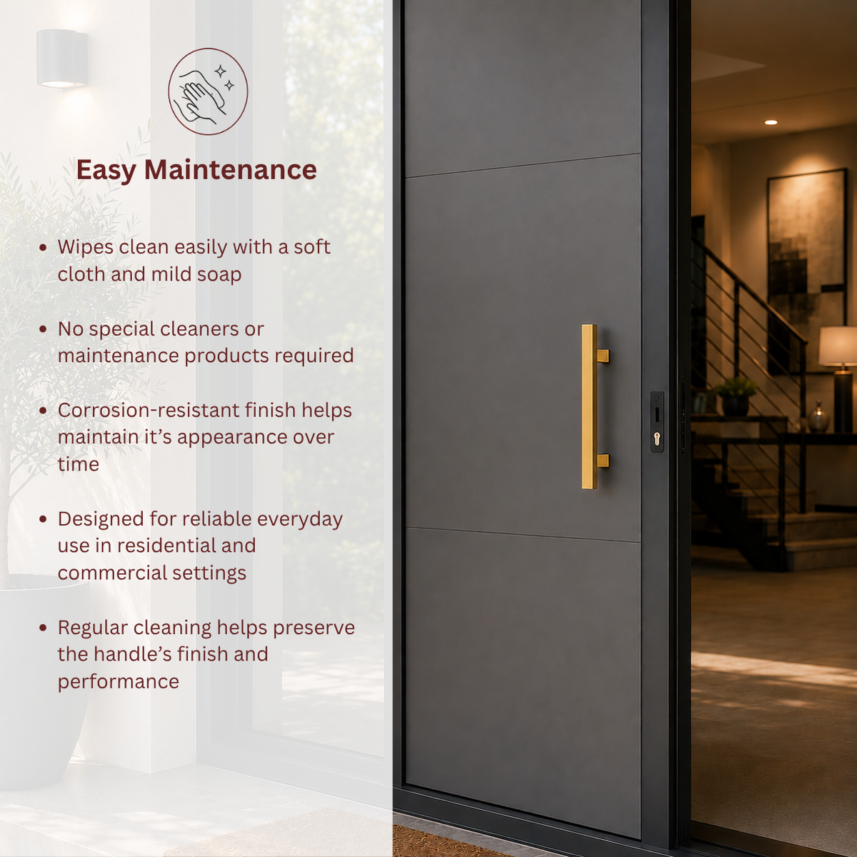 A modern grey exterior door with a slim vertical handle, shown in a real entryway setting with a glass side panel 
