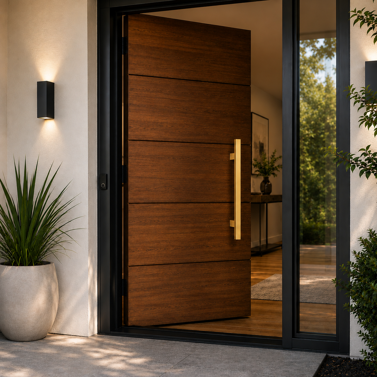 A gold square door handle installed in a brown door
