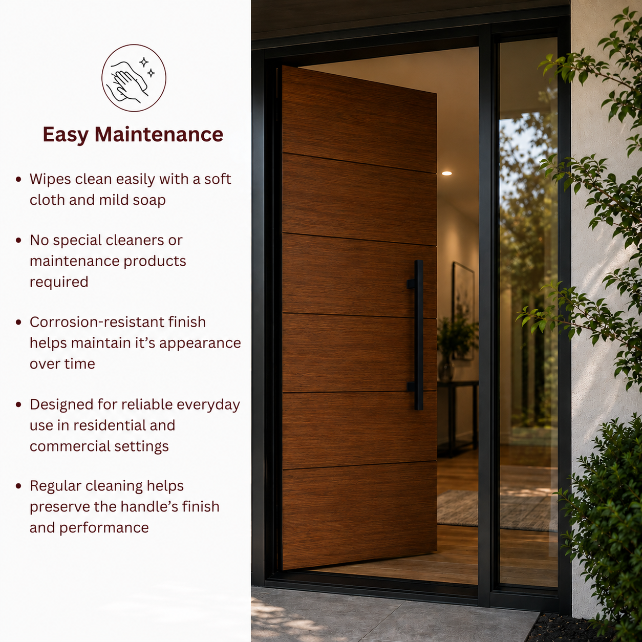 A modern black entry door setting with a text overlay on the left detailing easy maintenance benefits.
