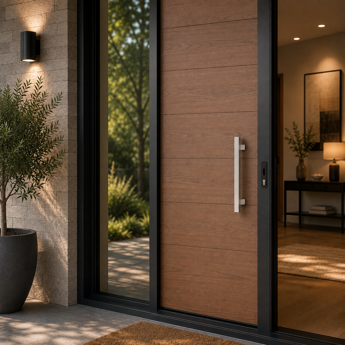 A satin rectangle door handle installed in a brown door
