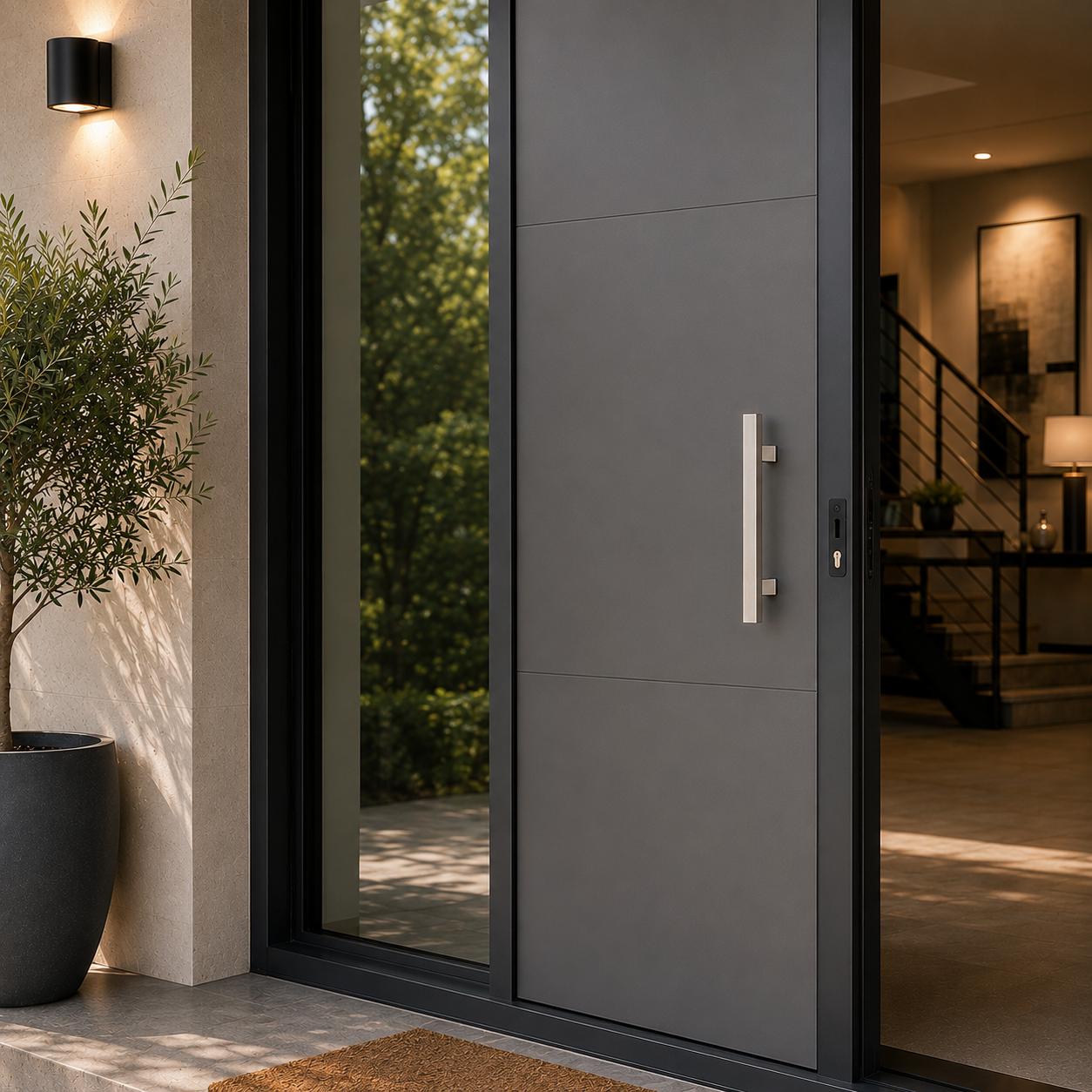 A satin rectangle door handle installed in a grey door
